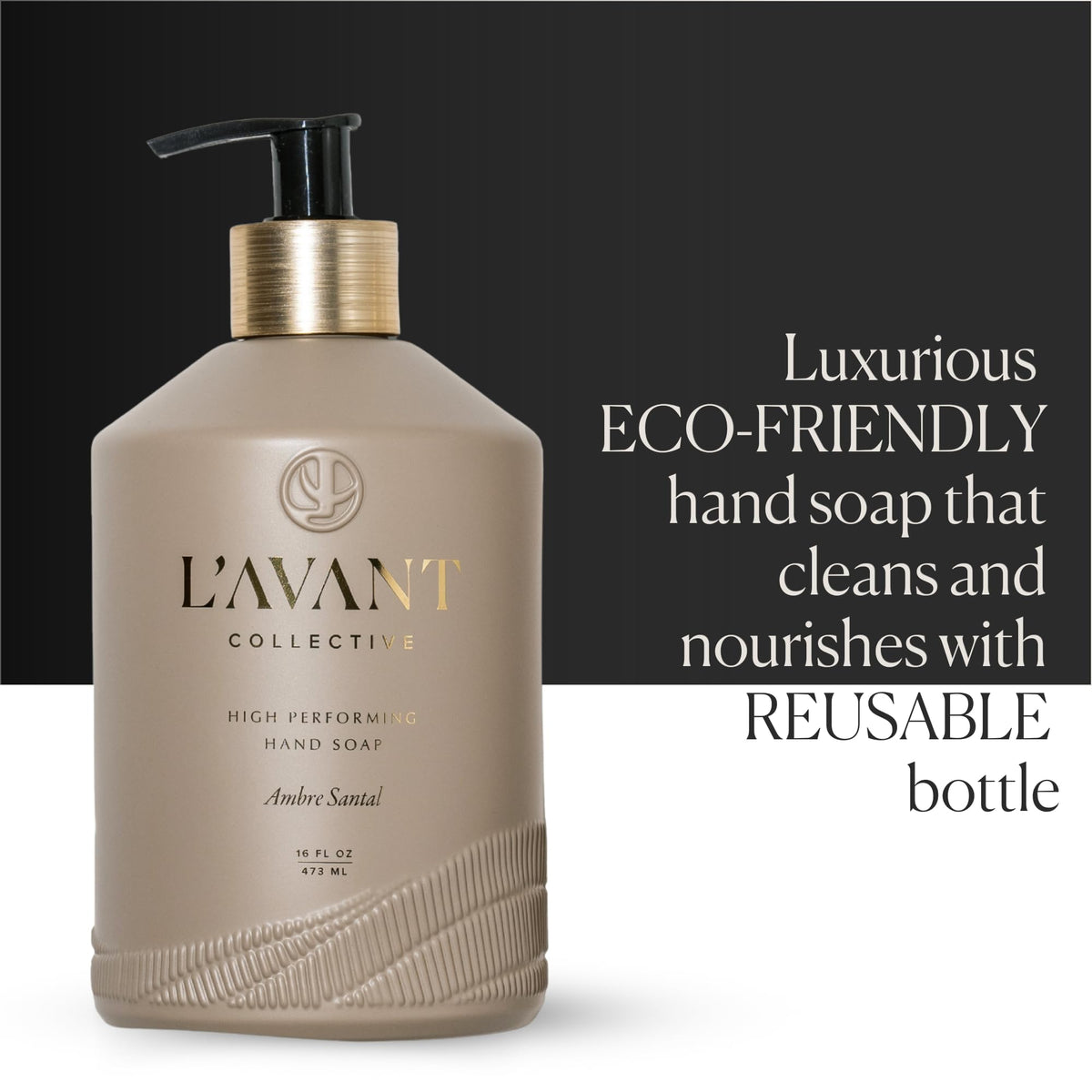 L'AVANT Collective close-up of glass bottle neck and brushed gold pump emphasizing durable refillable design
