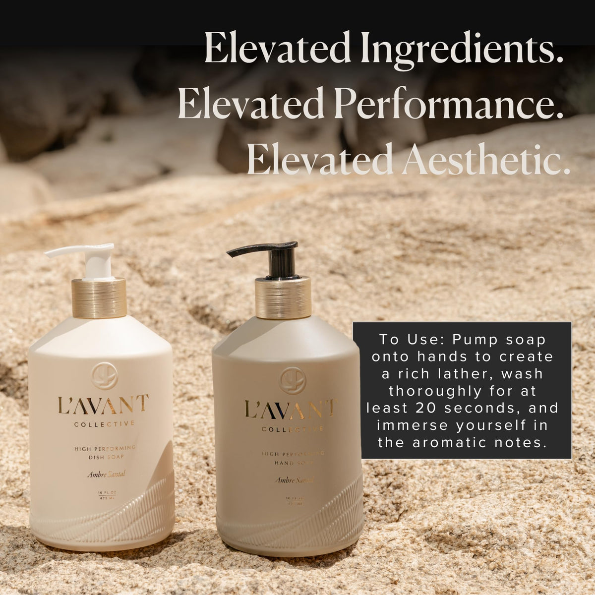 L'AVANT Collective bottle in styled bathroom conveying luxury countertop presence and coordinated scent