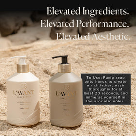 L'AVANT Collective bottle in styled bathroom conveying luxury countertop presence and coordinated scent