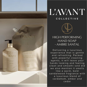L'AVANT Collective refill pouch beside glass bottle showing refillable system and reduced waste benefit