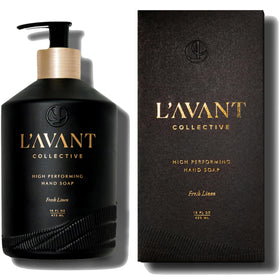 L'AVANT Collective front bottle on countertop shows elegant design and eco benefit