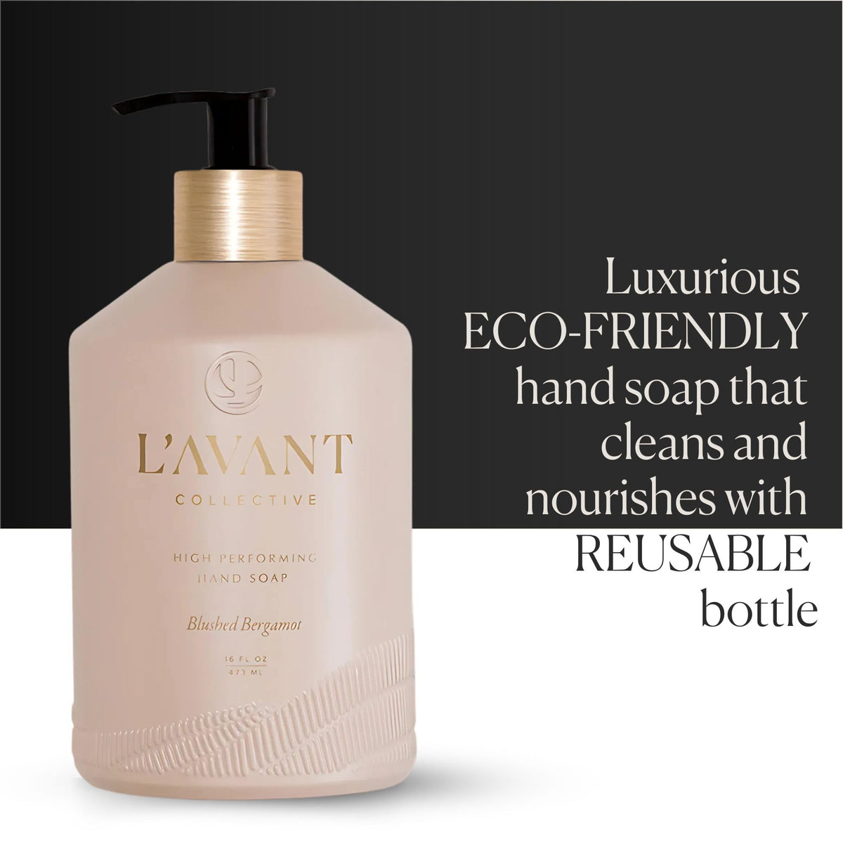 L'AVANT Collective close-up of brushed gold pump and glass neck, highlights refillable durability