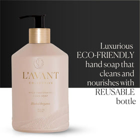 L'AVANT Collective close-up of brushed gold pump and glass neck, highlights refillable durability
