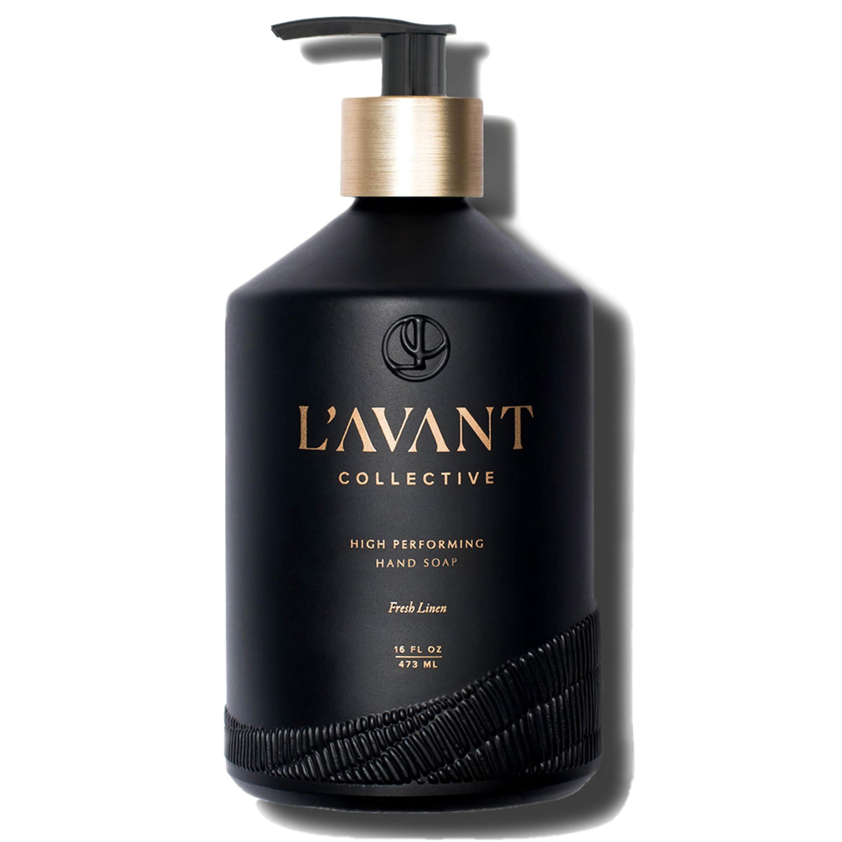 L'AVANT Collective brushed-gold pump detail highlighting durable refillable benefit