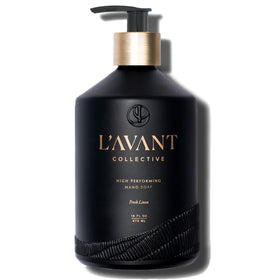 L'AVANT Collective brushed-gold pump detail highlighting durable refillable benefit