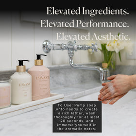 L'AVANT pouch staged on kitchen sink to show aesthetic and scent appeal