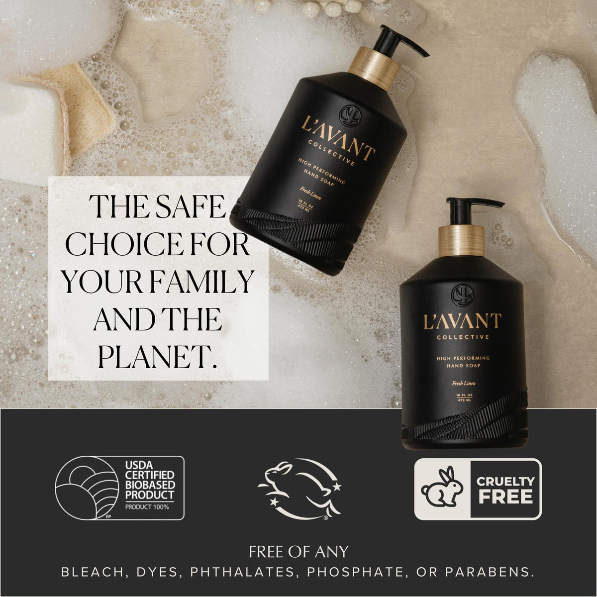 L'AVANT Collective creamy lather close-up showing moisturizing, gentle clean