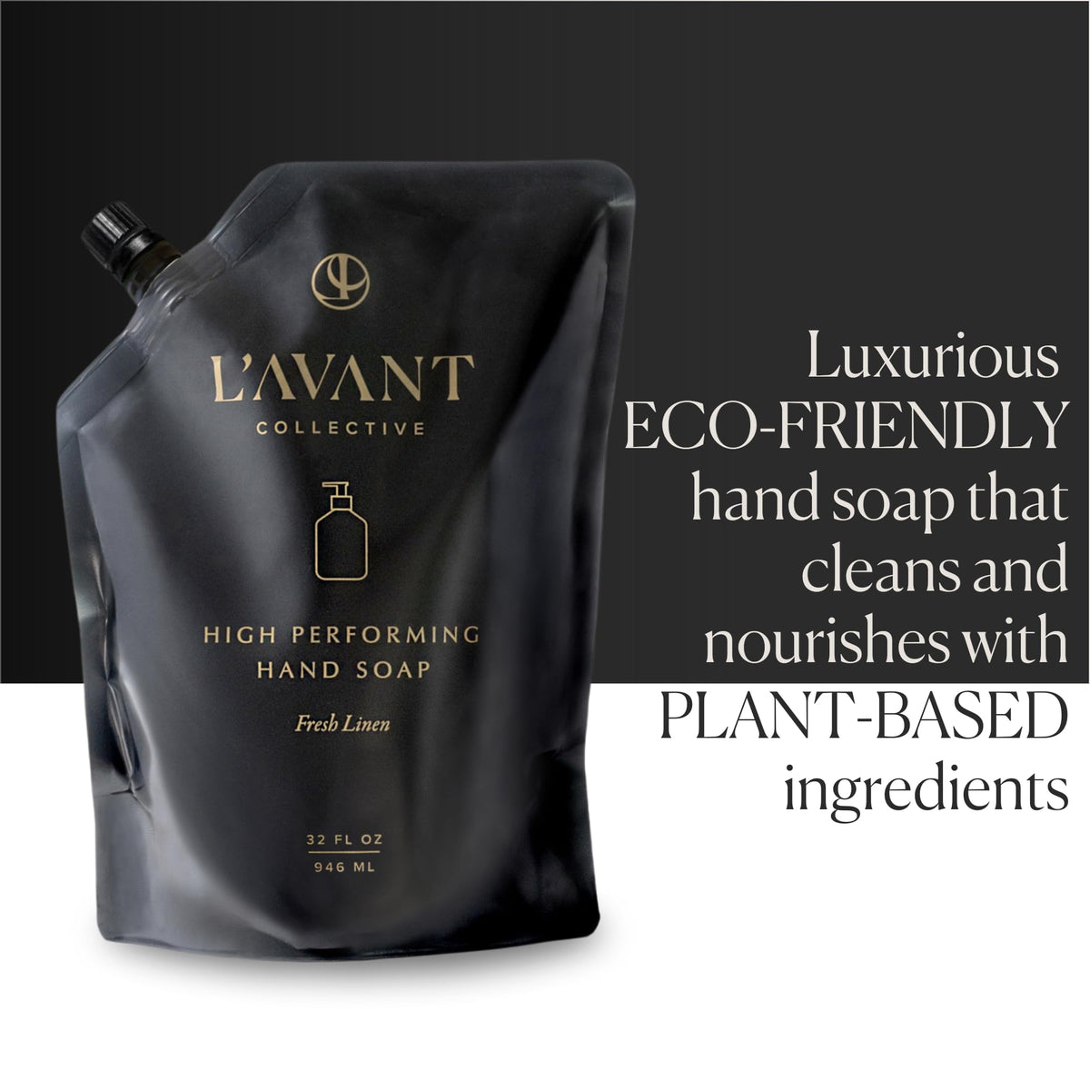 L'AVANT Collective pouring refill pouch into glass dispenser for less plastic waste