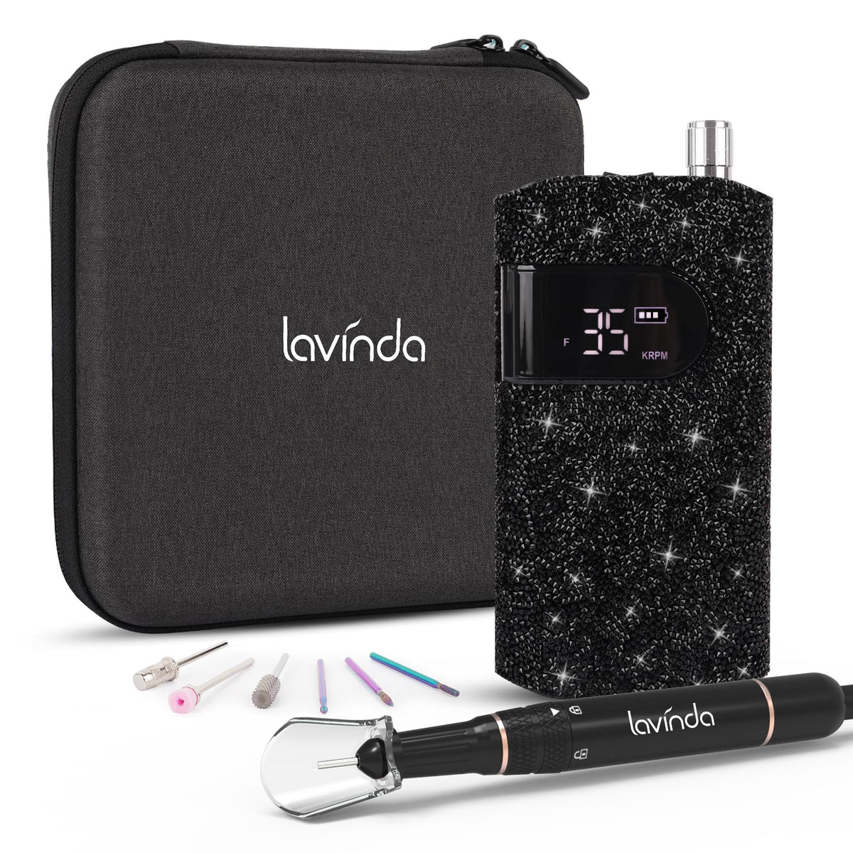Lavinda front view showing black rhinestone finish and compact cordless design for stylish portability