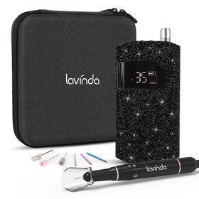 Lavinda front view showing black rhinestone finish and compact cordless design for stylish portability