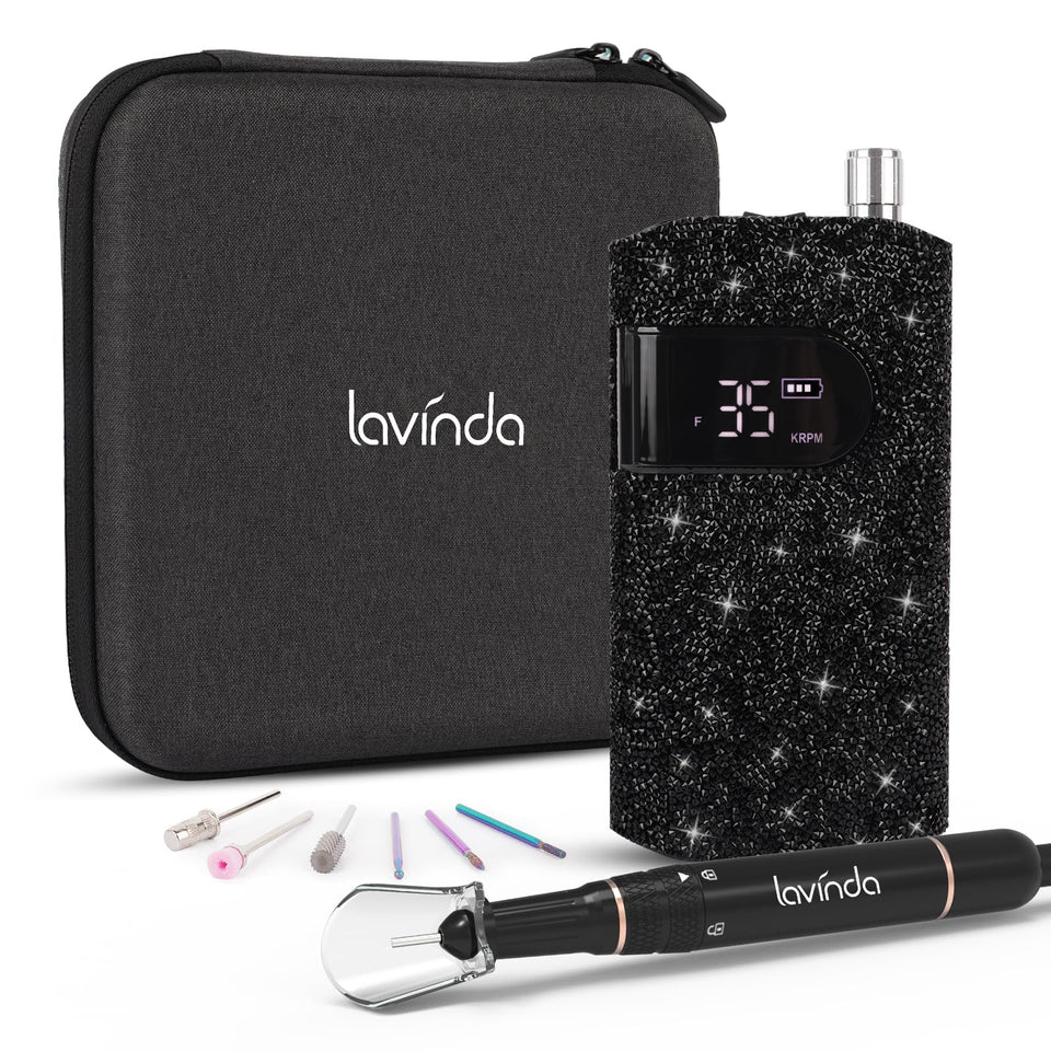 Lavinda front view showing black rhinestone finish and compact cordless design for stylish portability