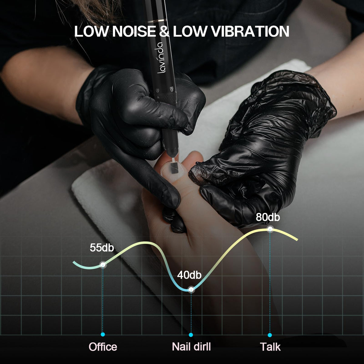 Lavinda drill in use during at-home manicure demonstrating cordless convenience and low vibration