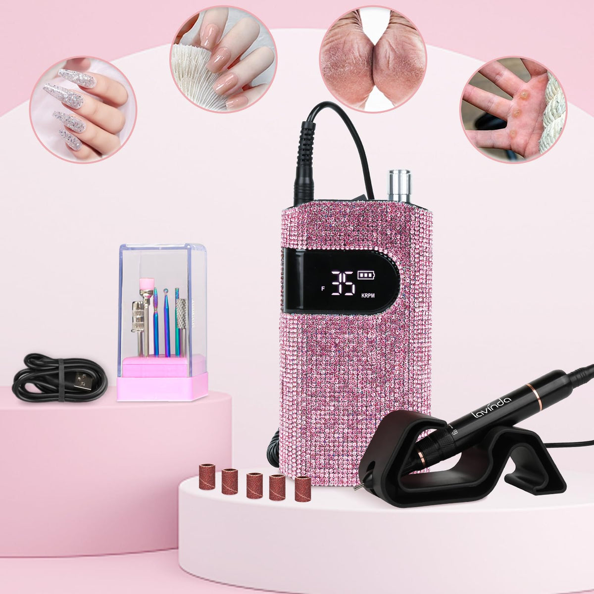 Lavinda drill set in home manicure scene showing salon-quality results
