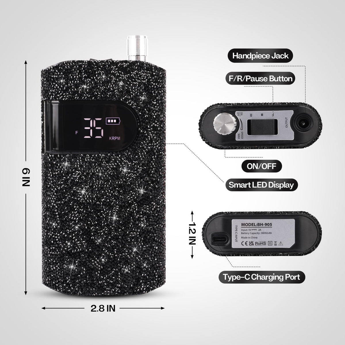 Size comparison of Lavinda next to a hand illustrating compact portable scale and travel readiness
