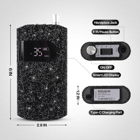 Size comparison of Lavinda next to a hand illustrating compact portable scale and travel readiness