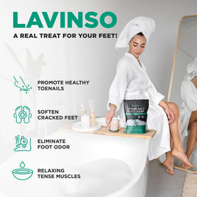 lavinso close-up of Epsom salt and herbs illustrating soothing blend