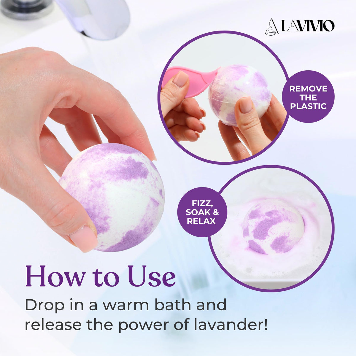 LAVIVIO bath bomb fizzing in tub releasing foam and calming lavender scent