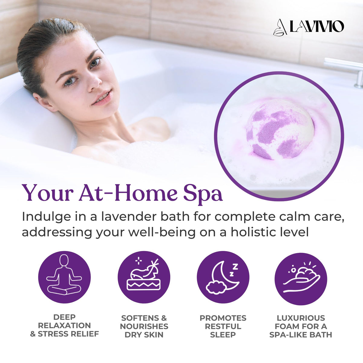 LAVIVIO lifestyle bathroom setting conveying relaxing soak and stress relief