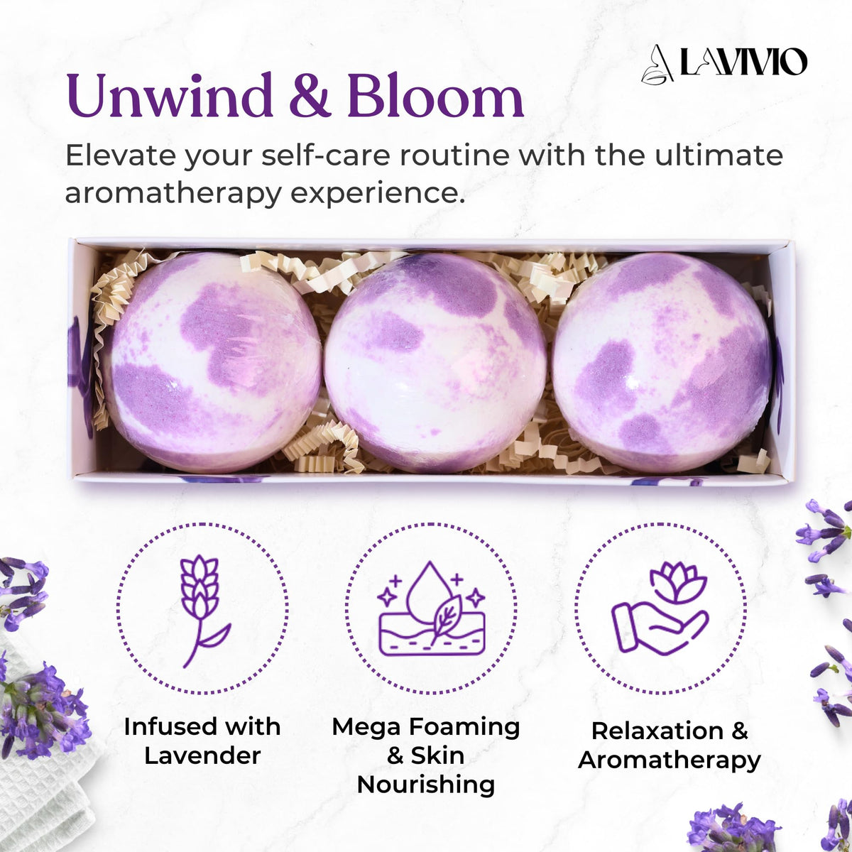 LAVIVIO close-up texture of purple bath bomb surface highlighting natural ingredients