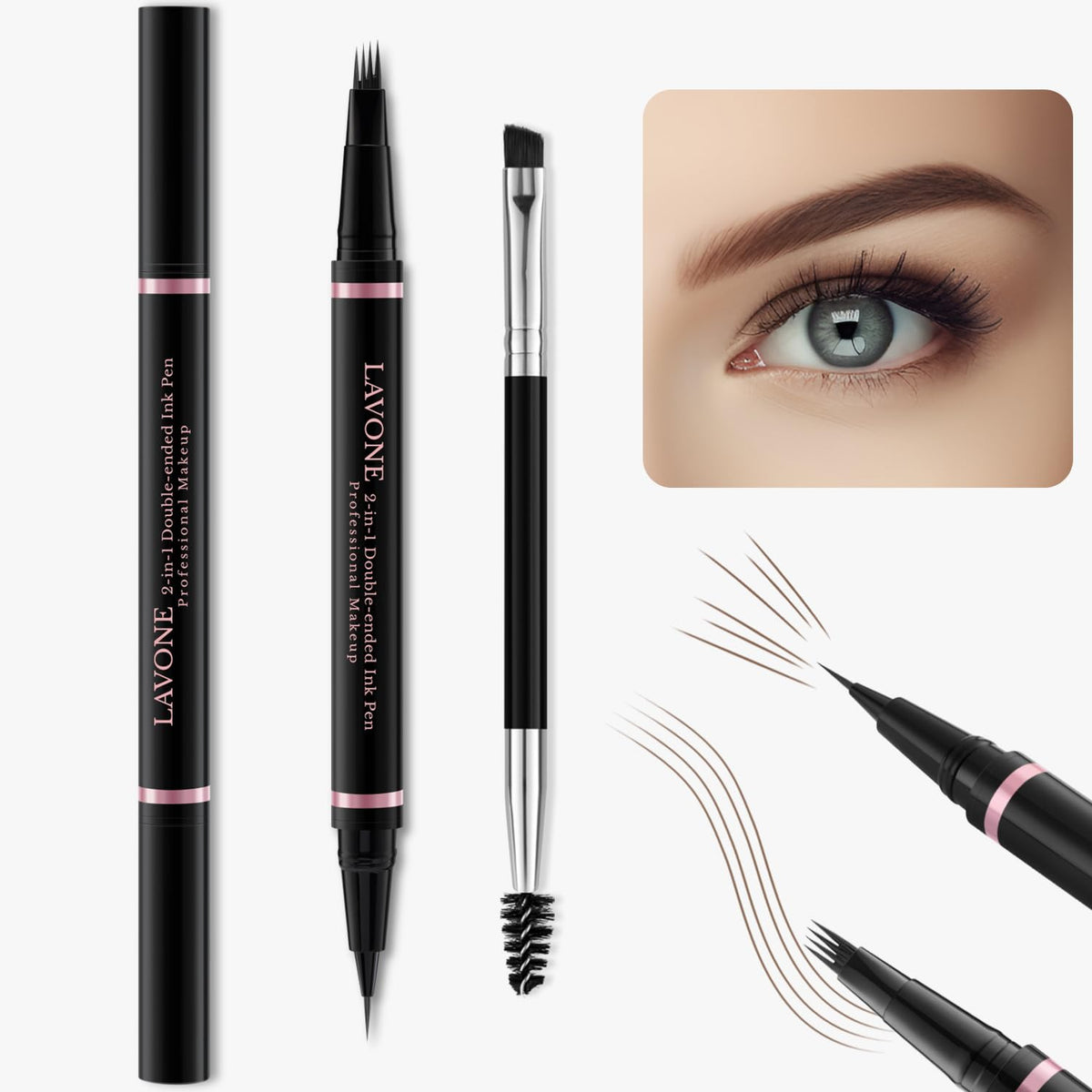 LAVONE 2‑in‑1 microblading pen close up showing fine tips for precise strokes