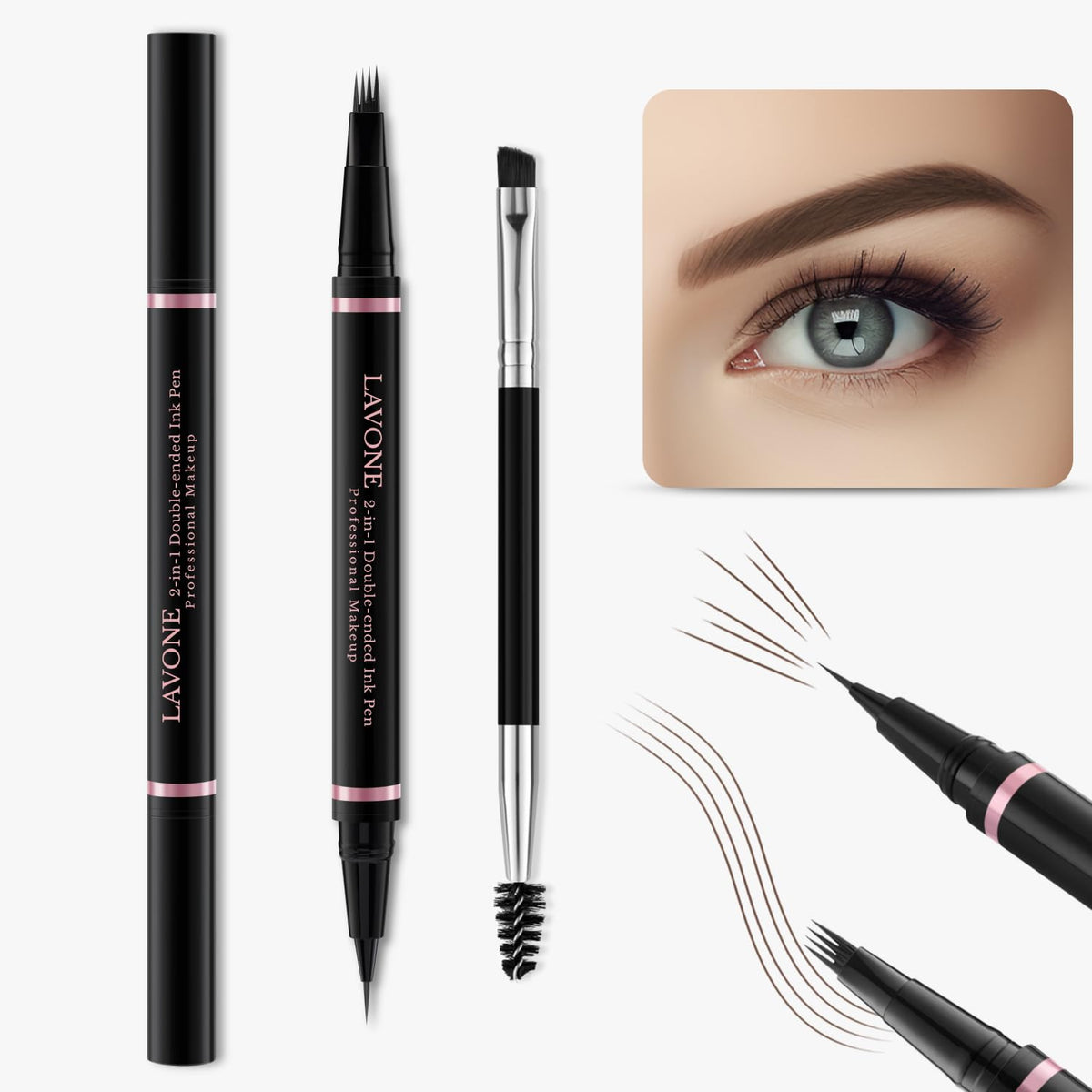 LAVONE eyebrow pen closeup displaying microblade tip for precise natural hair strokes