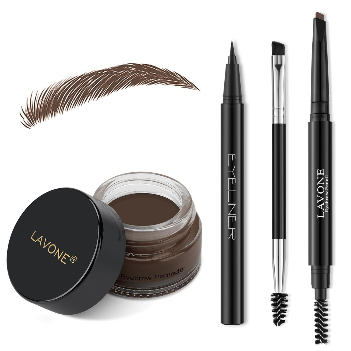 LAVONE front view of the eyebrow stamp pencil kit showing contents and compact design benefit