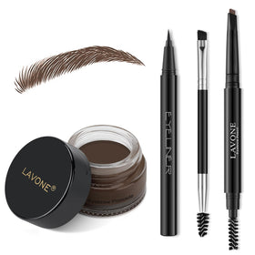 LAVONE front view of the eyebrow stamp pencil kit showing contents and compact design benefit