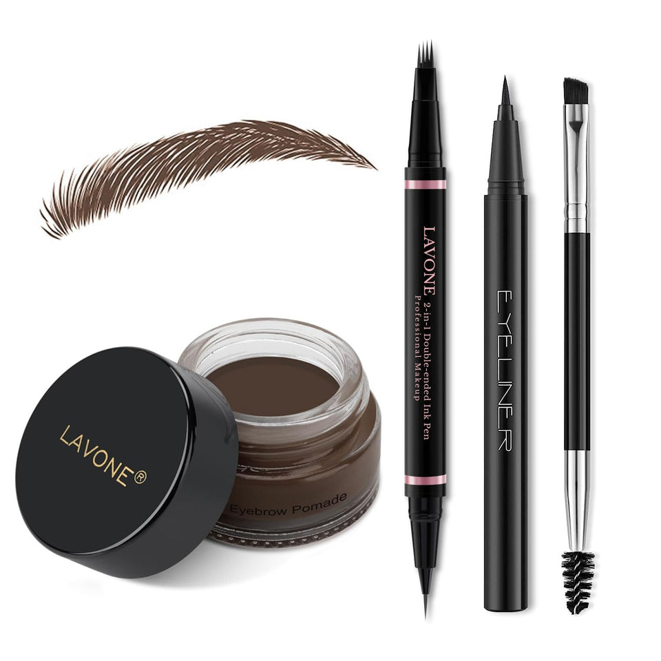 LAVONE kit flatlay showing pen, pomade, eyeliner and brush for complete brow shaping