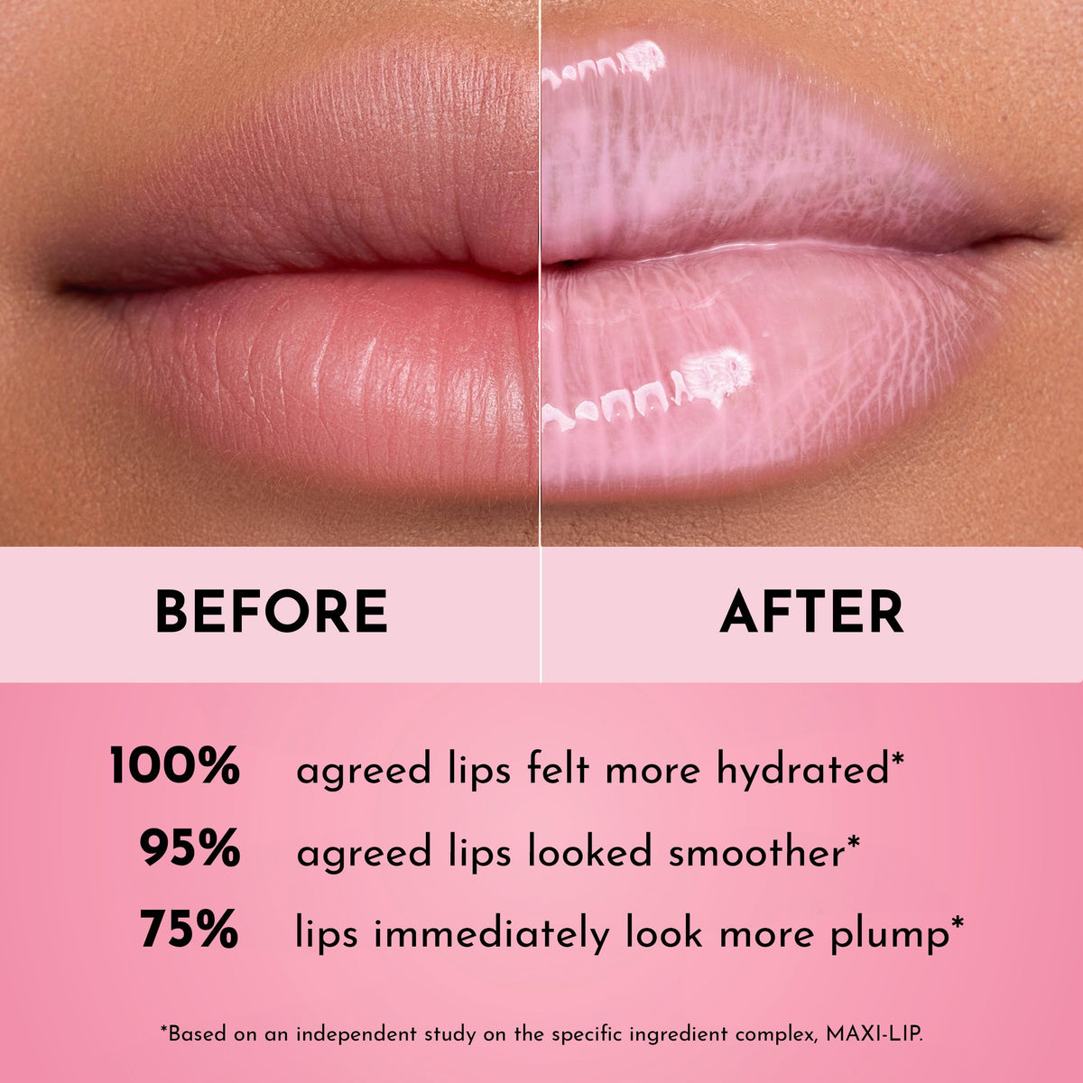 Lawless lip swatch on model displaying strawberry tint and volumizing effect