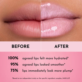 Lawless lip swatch on model displaying strawberry tint and volumizing effect