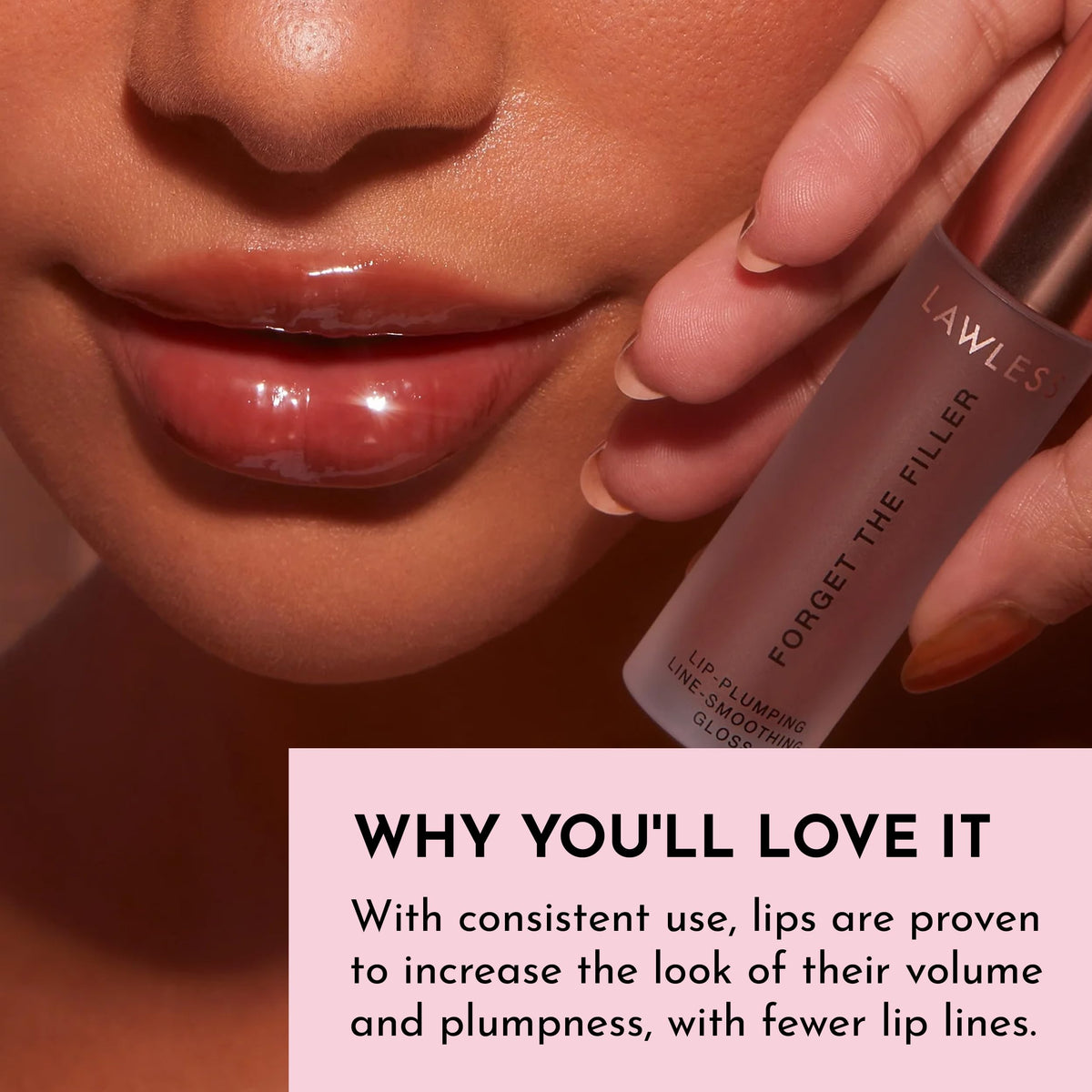 LAWLESS gloss layered over lipstick adding glassy shine and dimension to color