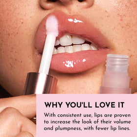 LAWLESS gloss beside a hand to show compact 0.11 fl oz size and portability benefit