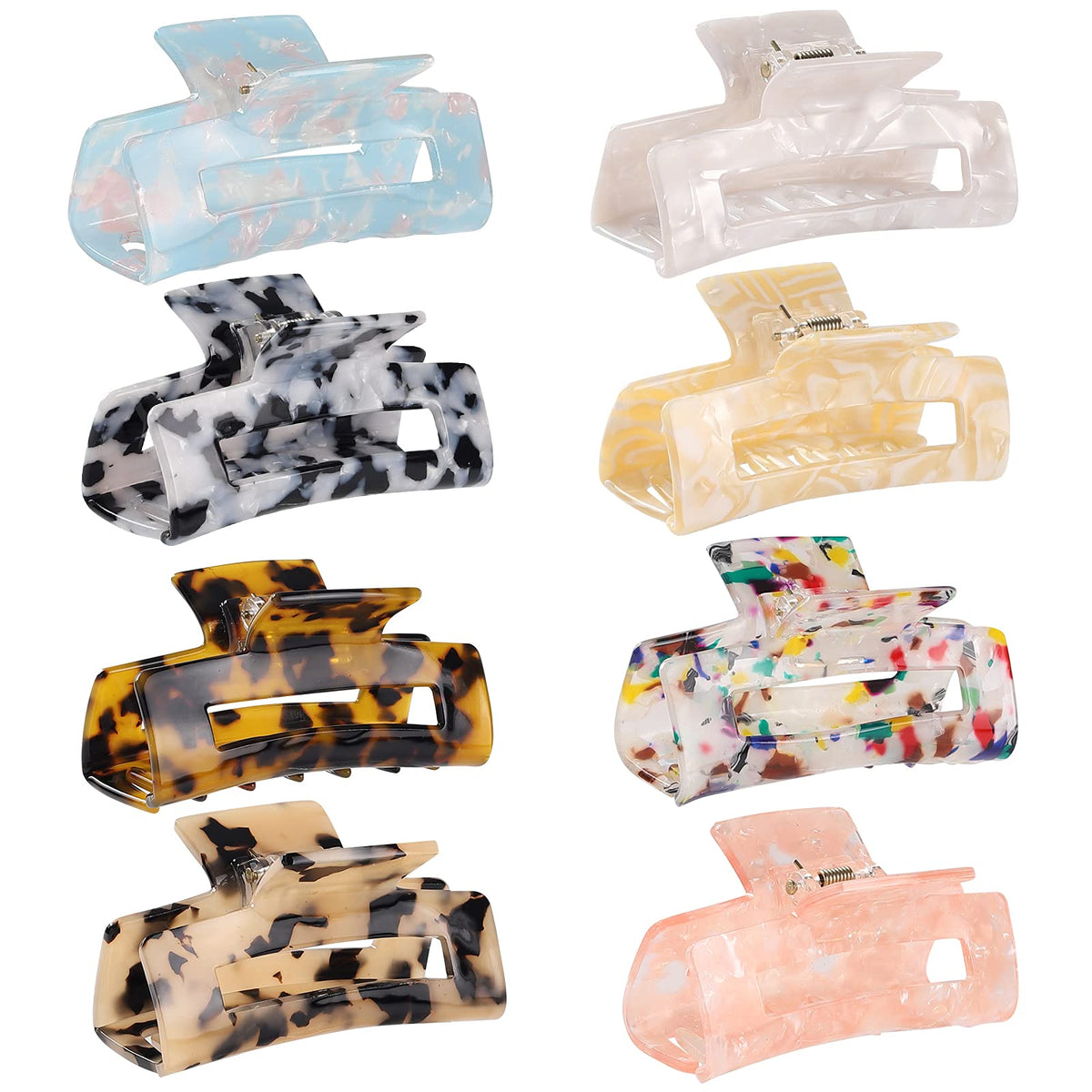LAXIZAR front view of eight colored rectangle hair clips showing variety and convenience