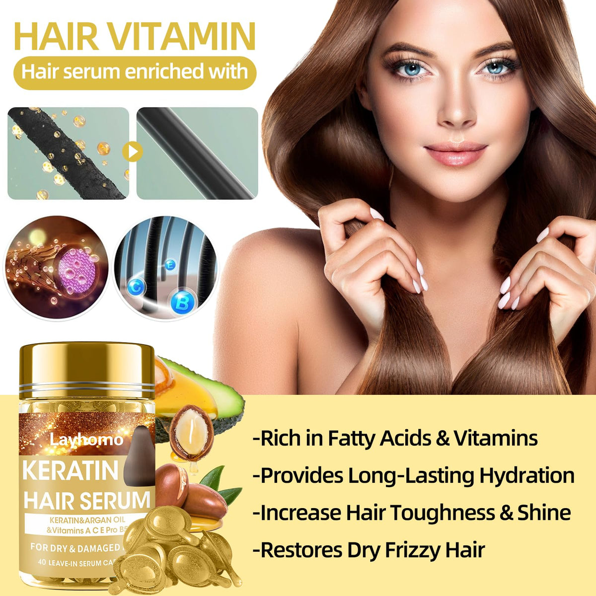 Layhomo applying capsule oil to damp hair for frizz control and shine