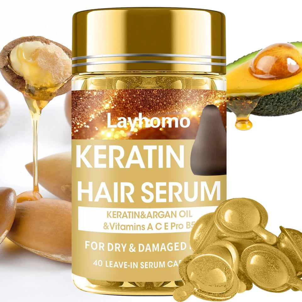 Layhomo front packaging showing 40 keratin serum capsules and benefits