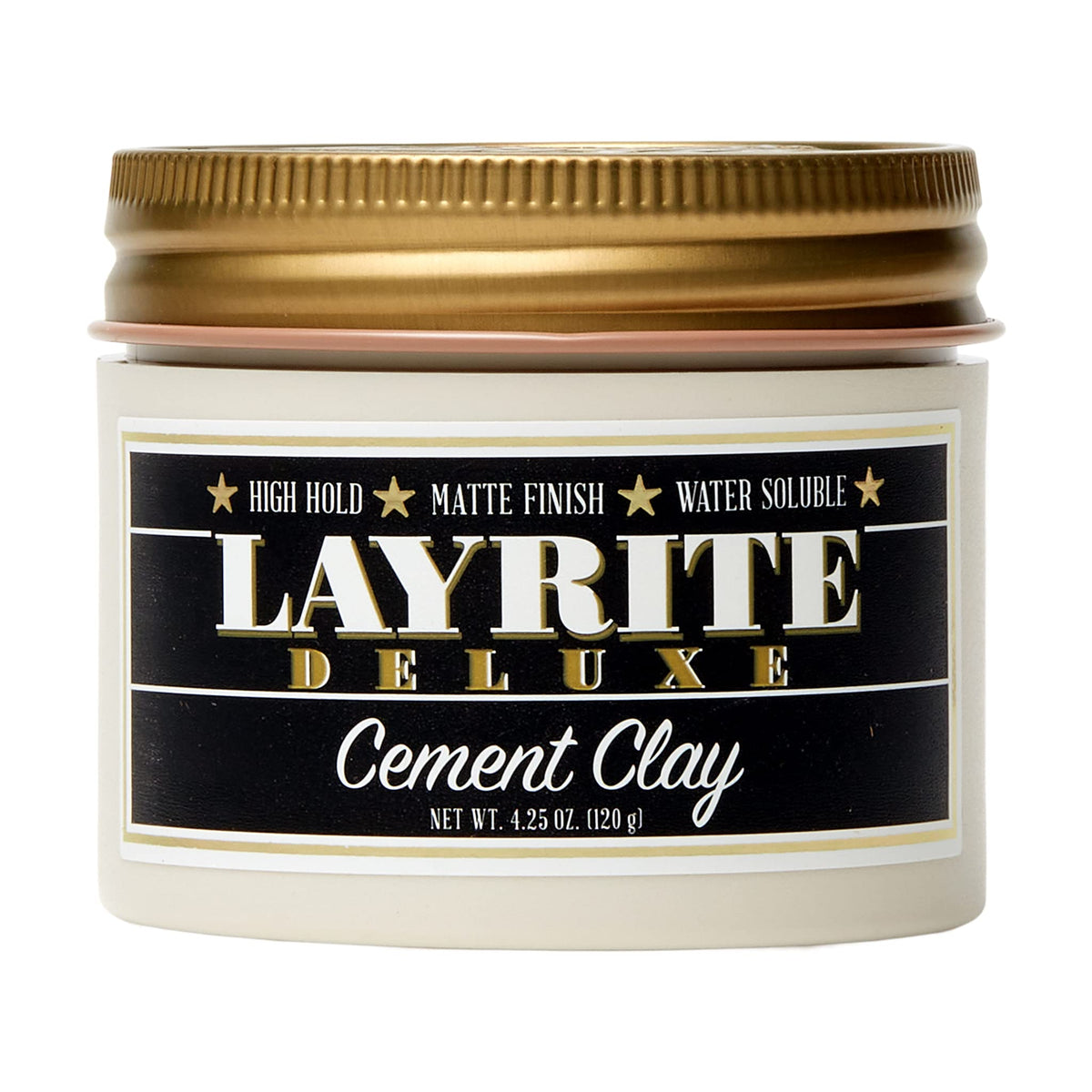 Layrite cement hair clay jar front showing label and size benefits strong hold