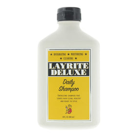 Layrite Daily Shampoo front bottle showing label and size, clear barber-crafted branding