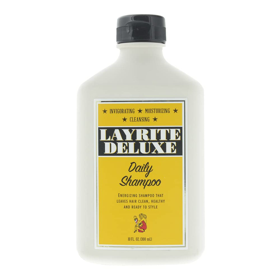 Layrite Daily Shampoo front bottle showing label and size, clear barber-crafted branding