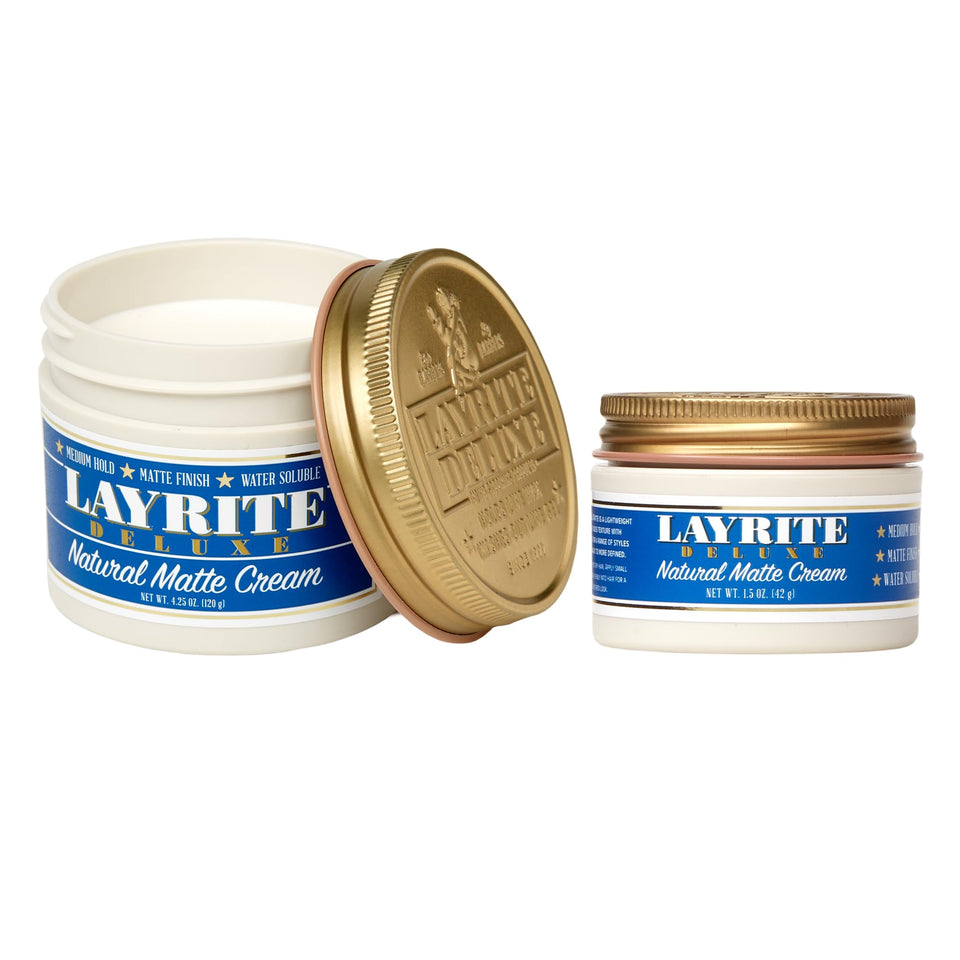 Layrite jar front view showing label and matte cream for easy styling