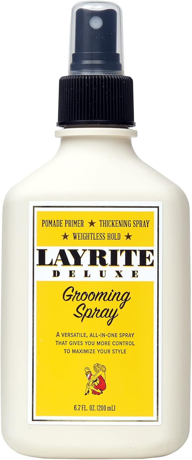 Layrite grooming spray front label showing 6.7 oz and styling benefit