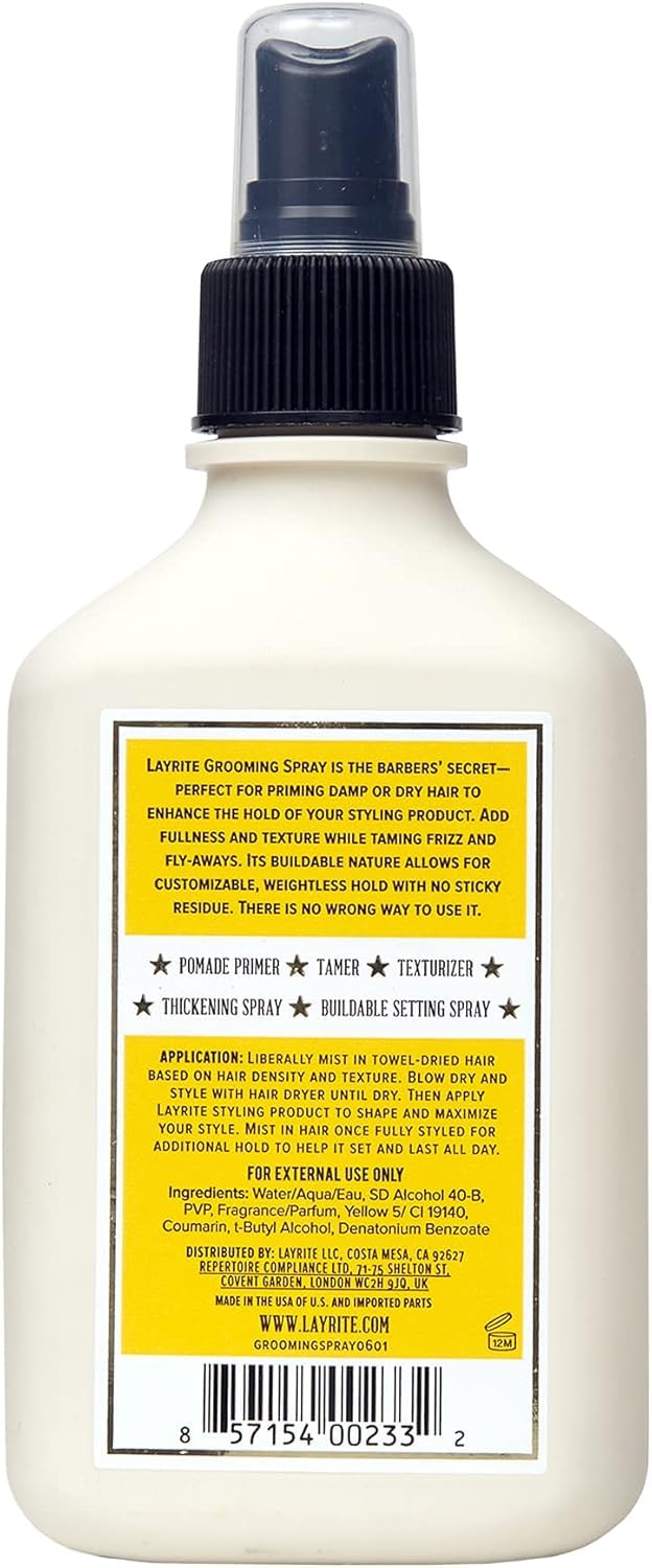 Layrite grooming spray used before styling to add texture and volume benefit