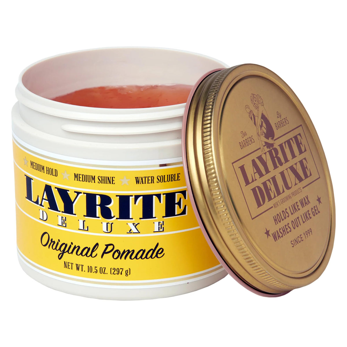Layrite pomade texture closeup on fingers, smooth spreadability visible