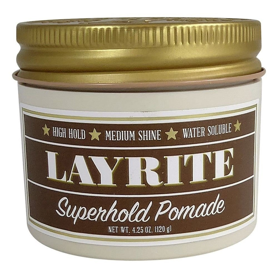 Layrite Superhold pomade jar front view showing product label and strong hold benefit