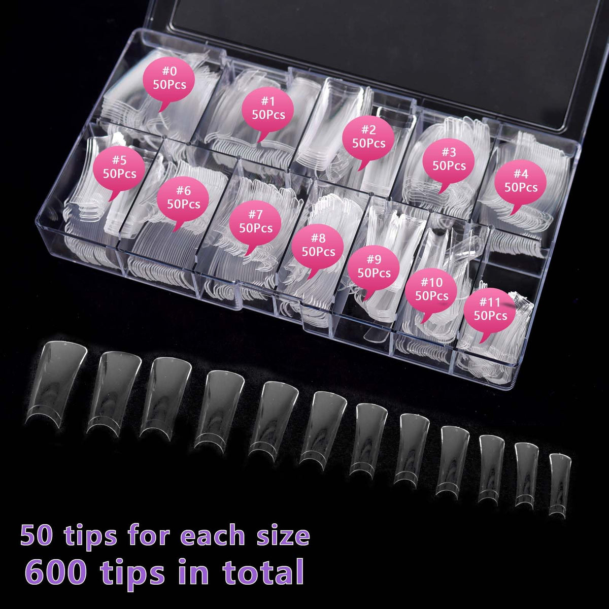 Laza open box with 12 grids displaying 50 tips per size for organized use