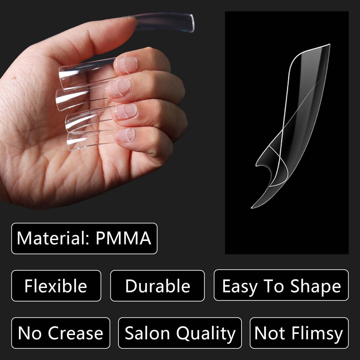 Laza close-up of clear acrylic tip texture for easy shaping and polish adhesion