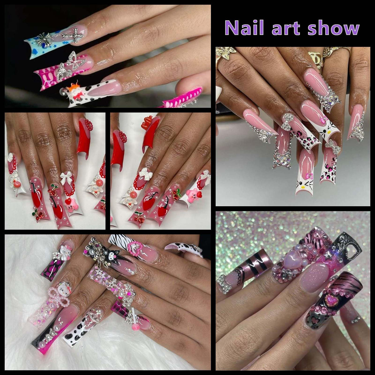 Laza decorated long duck tips with French and Y2K designs showcasing wide canvas