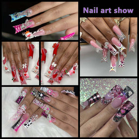 Laza decorated long duck tips with French and Y2K designs showcasing wide canvas