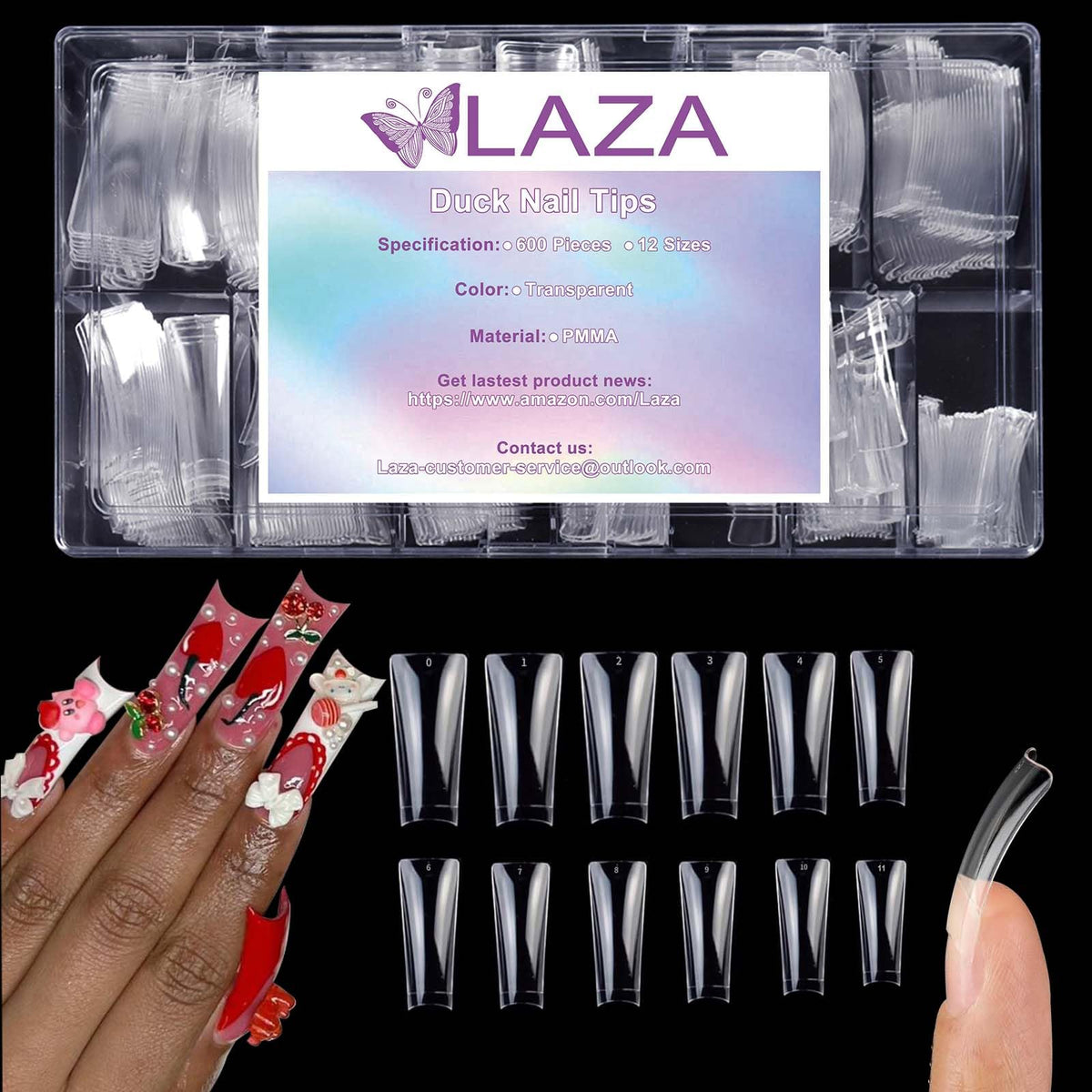 Laza front packaging showing 600pcs clear duck nail tips and neat storage