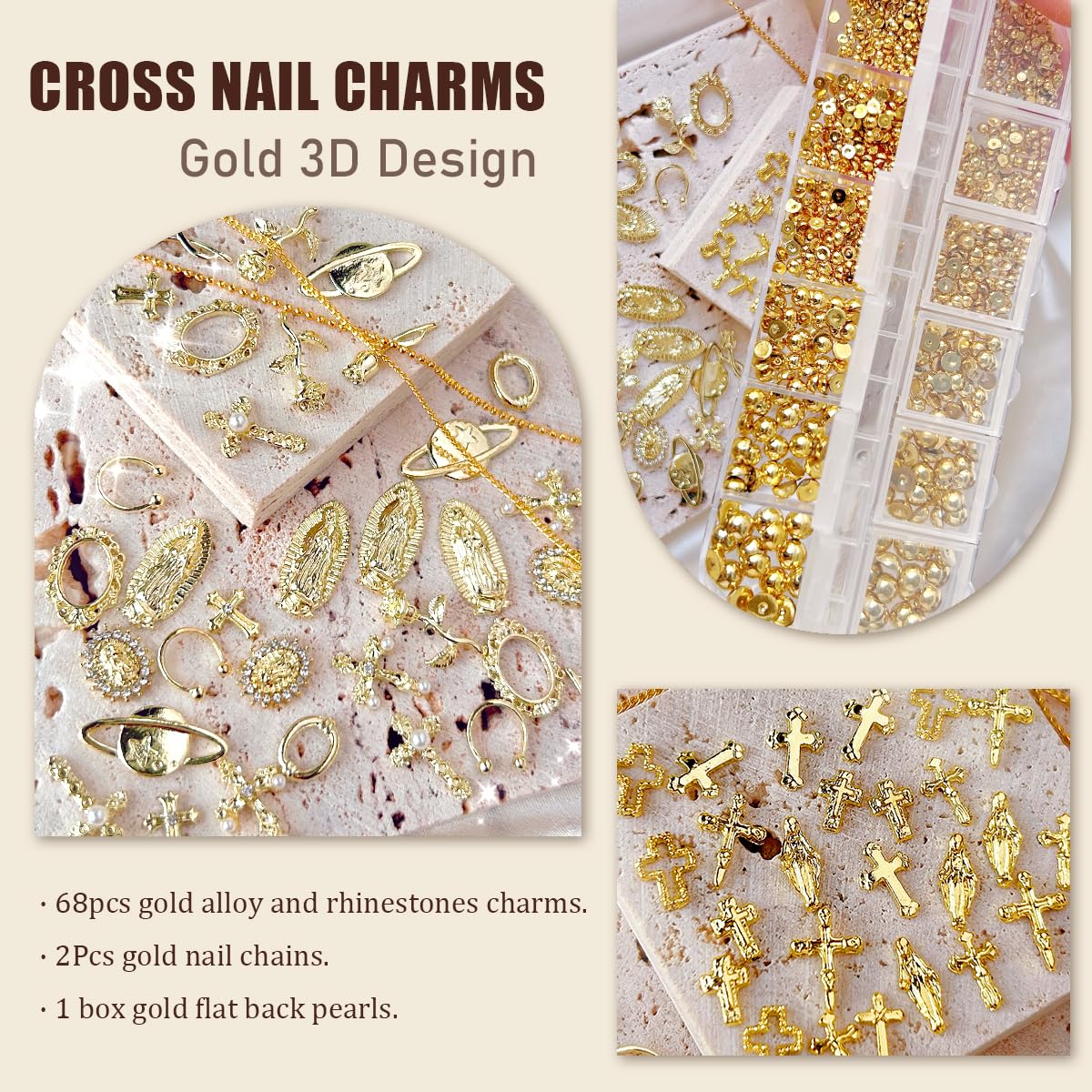 LCiclly close-up of 3D gold cross and Virgin Mary charms adding focal sparkle