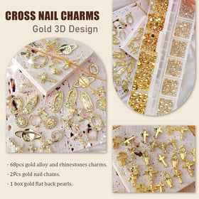 LCiclly close-up of 3D gold cross and Virgin Mary charms adding focal sparkle